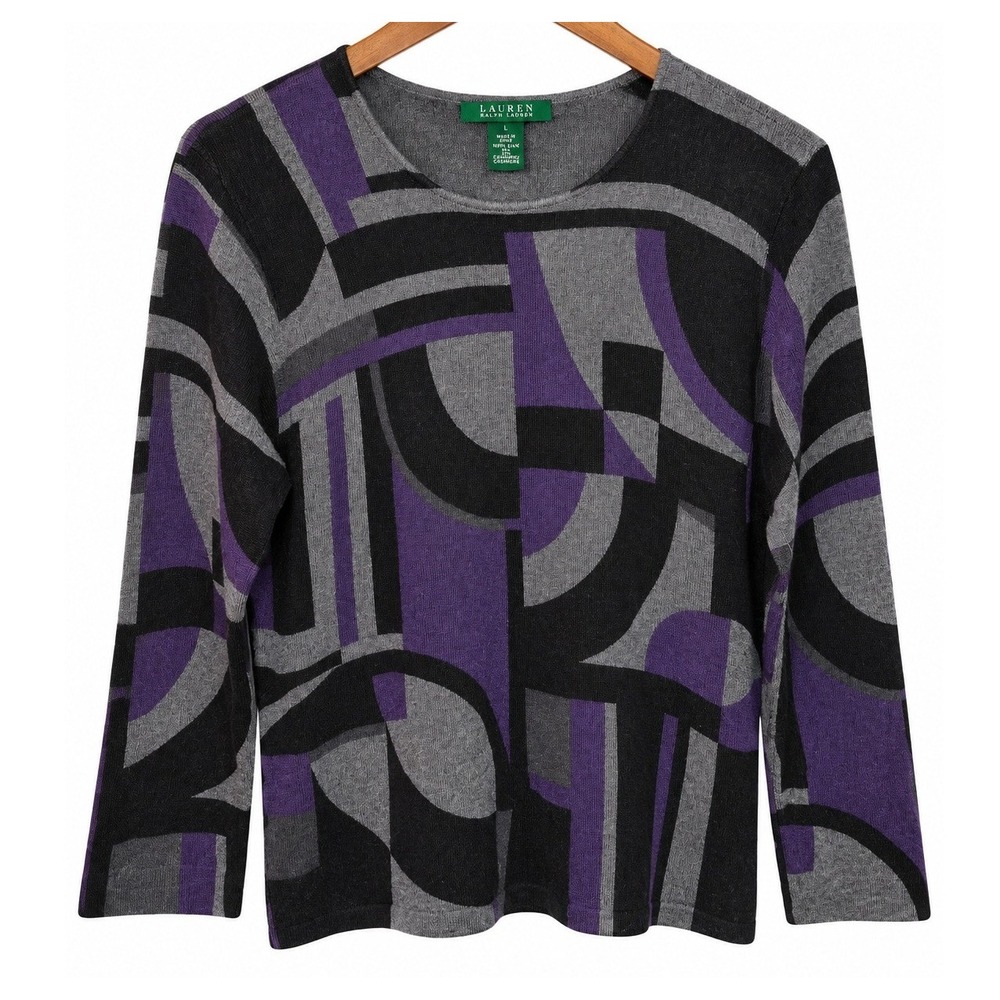 Lauren Ralph Lauren Silk Cashmere Sweater Women L Purple Gray Abstract Geometric
